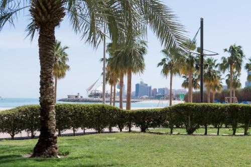a palm tree in a park next to the beach at Marina Hotel in Kuwait