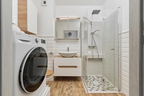 y baño con lavadora y lavamanos. en Spacious Apartment suitable for Remote Work with Balcony & Parking by Renters, en Wroclaw