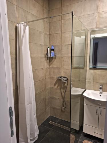 a bathroom with a shower and a sink at Apartman Una banjaluka in Hiseti