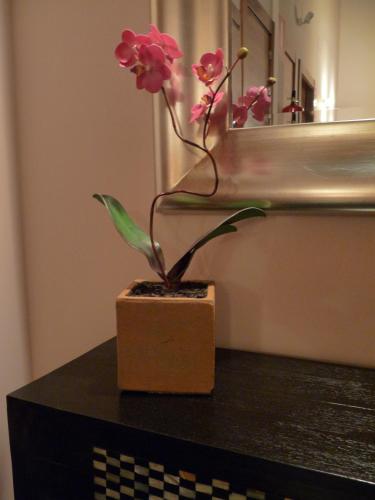a pink flower in a box on a table at Eco Hotel Boutique & Spa Capitulo Trece - Adults Only in Maderuelo
