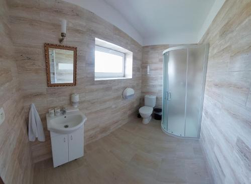 y baño con ducha, lavabo y aseo. en Penzion U Jindry, en Železnice