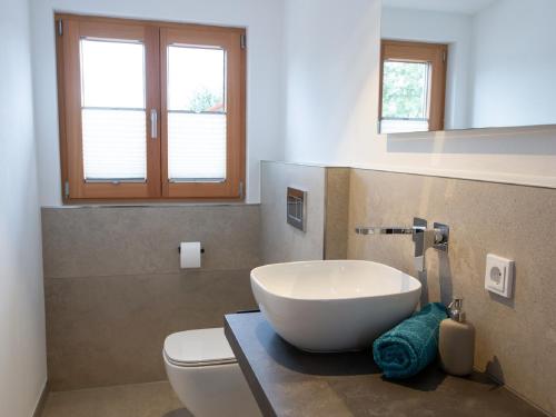 a bathroom with a white sink and a toilet at Alpinchalet in Pfronten