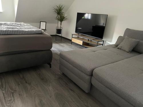 a living room with a couch and a flat screen tv at SWID Appartement 9 in Delitzsch