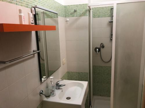 La salle de bains est pourvue d'un lavabo et d'une douche. dans l'établissement Mansarda Mentana due, à Vittoria