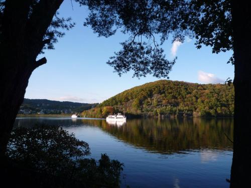 a large lake with a white boat on it at Hotel De Lange Man Monschau Eifel in Monschau