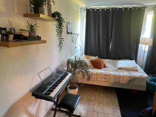 尼姆的住宿－Studio Nîmes，一间卧室配有一张床和一个键盘