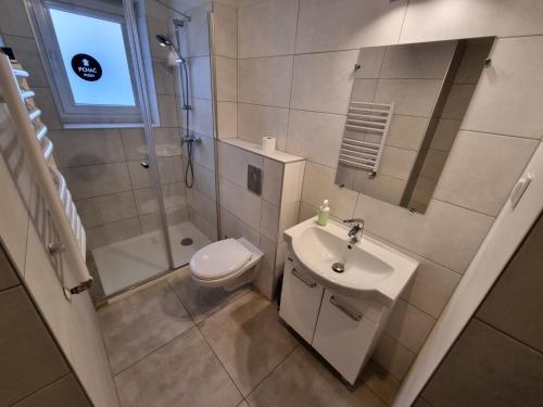 La salle de bains est pourvue de toilettes, d'un lavabo et d'une douche. dans l'établissement Apartament Olszewskiego, à Wrocław