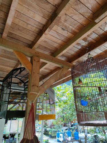 two birds in cages hanging from a wooden ceiling at Roemah Abdoe in Arau