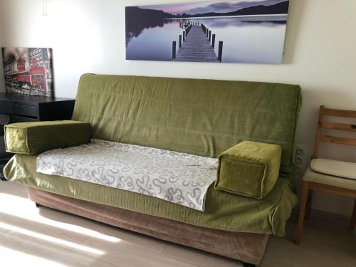 - un canapé vert installé dans un salon à côté d'une table dans l'établissement Studio privé/ centre-ville/ proche du parc Walibi, à Les Avenières