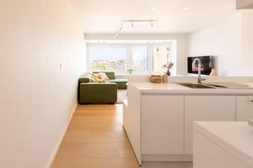 Il comprend une cuisine et un salon avec un canapé vert. dans l'établissement Panne-O-Rama, à La Panne