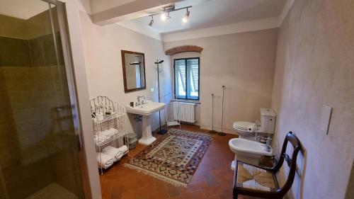 a bathroom with a sink and a toilet and a mirror at Bella di Ceciliano in Arezzo