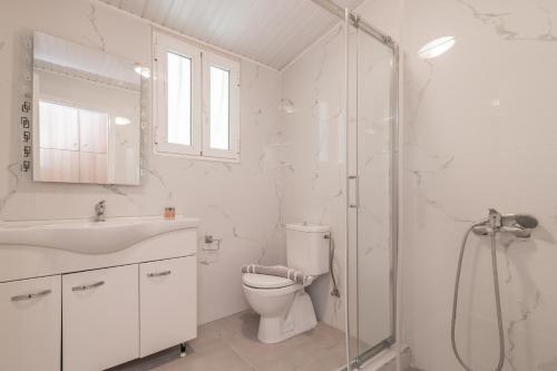 y baño blanco con aseo y ducha. en Planos Villa en Tsilivi