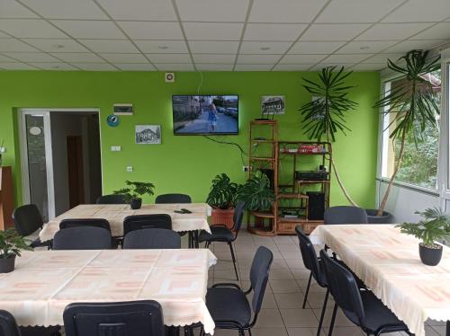 a room with tables and chairs and a green wall at Marel-Apartments U SOWY Polanica Zdrój in Polanica-Zdrój