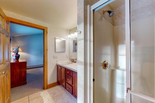 a bathroom with a sink and a mirror at Moose Lodge in Newry