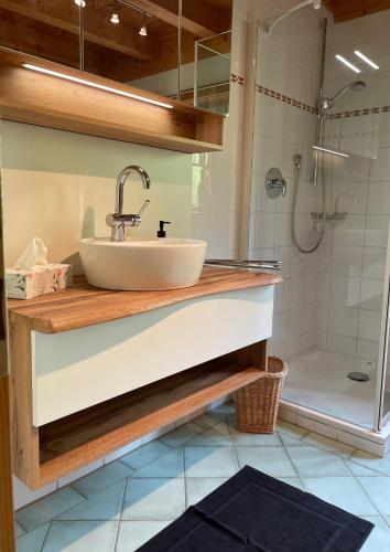 een badkamer met een wastafel en een douche bij Walser Berghüüsle in Hirschegg