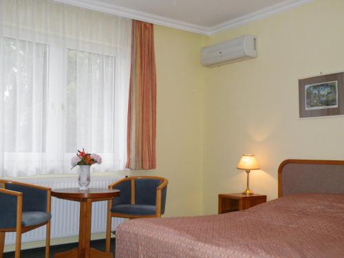 a hotel room with a bed and a table and a window at Apartment Pension Rideg Heviz in Hévíz