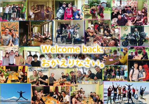 a collage of photos of people volunteering andevents at Guesthouse Murabito in Yamanakako