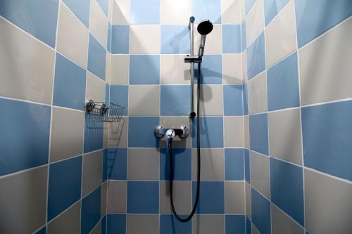 a bathroom with a shower with blue and white tiles at LA MAISONNETTE DU POTIER in Caunes-Minervois