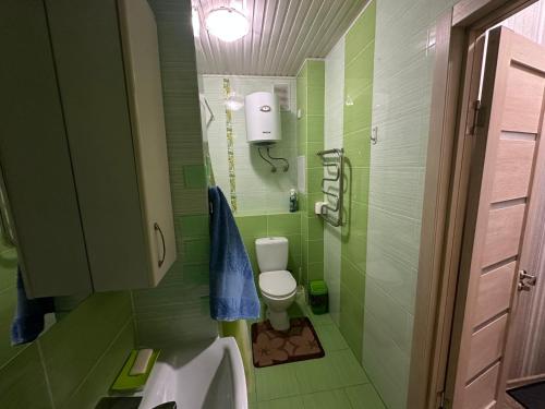 uma casa de banho verde com um WC e um lavatório em Однокомнатная квартира напротив Аэропорта Алматы em Turksib