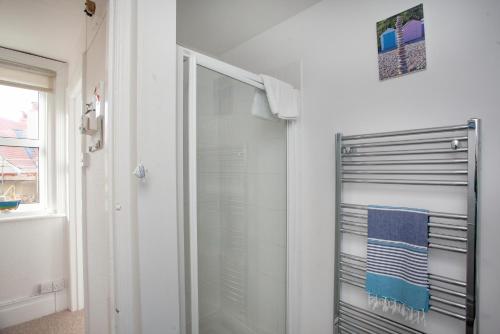 a shower with a glass door in a bathroom at Pebbles In Budleigh in Budleigh Salterton