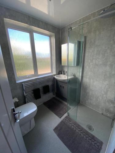 a bathroom with a shower and a toilet and a sink at Corner Retreat Holiday Let Seahouses in Seahouses