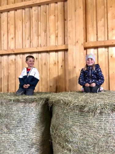 two children sitting on hay in front of a fence at Bioberghof Rohr in Fieberbrunn