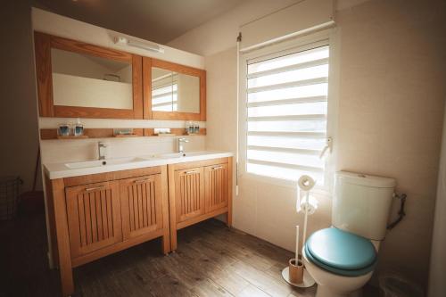 La salle de bains est pourvue de toilettes, d'un lavabo et d'une fenêtre. dans l'établissement Kaz Lucie 1 & 2, avec piscine et magnifique vue, à Saint-Pierre
