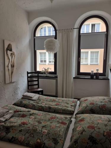 a bedroom with two beds and two windows at Ferienwohnung Carola Scholze in Kamenz