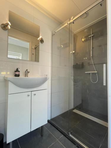 a white bathroom with a sink and a shower at Charmant, ontspannen Molenzicht in Ootmarsum