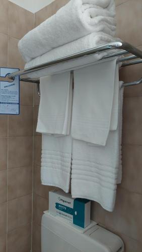 a pile of towels on top of a toilet in a bathroom at Eurohotel in Nichelino
