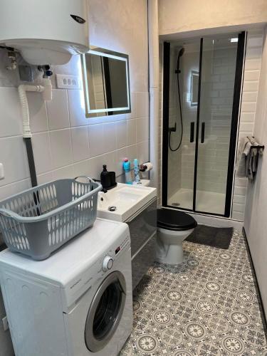 une salle de bain avec machine à laver et toilettes dans l'établissement Chez Laeti appartement type F2, à Fécamp