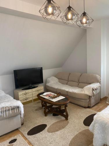 a living room with a couch and a coffee table at Pirlitor Mountain Apartment in Žabljak