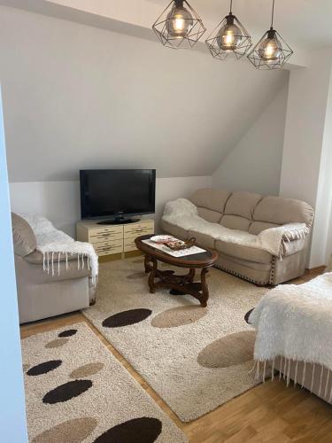 a living room with a couch and a coffee table at Pirlitor Mountain Apartment in Žabljak