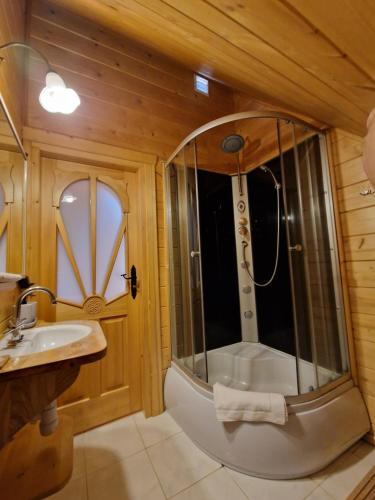 ein Badezimmer mit einer Dusche, einer Badewanne und einem Waschbecken in der Unterkunft Dom Letnisowkowy Basiówka in Bodzentyn