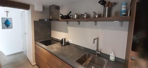 cocina con fregadero y encimera en Roermond Uniek Stadspand, compleet woonhuis en Roermond