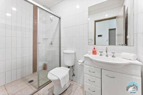 a bathroom with a toilet and a sink and a shower at Aircabin - Parramatta - Free Parking - 1 Bed Apt in Sydney
