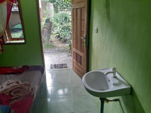 baño verde con lavabo y puerta en Jhony's Backpacker-Guest House & jungle tour booking with us en Bukit Lawang