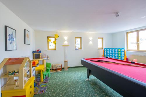 a play room with a pool table and chairs at Erzgebirgshotel Freiberger Höhe in Eppendorf