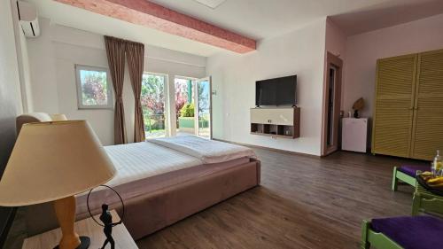 a bedroom with a large bed and a television at BC Aprilia in Corbu