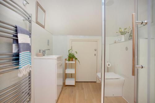 Un baño pequeño con inodoro y lavabo. en Beacon House, en Exmouth