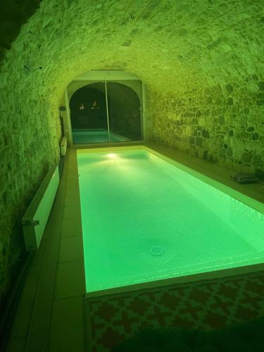 una piscina en una cueva con una pared de ladrillo en Appartement avec accès piscine et jardin dans hôtel particulier, en Nérac