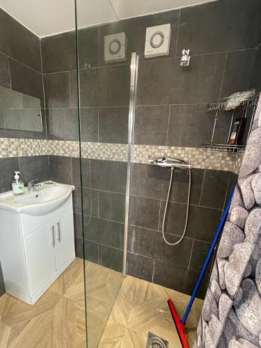 a bathroom with a shower and a sink at Mitcham Let 11 in Mitcham