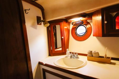 a bathroom with a sink and a mirror at Alejandro Magno in Ponta Delgada