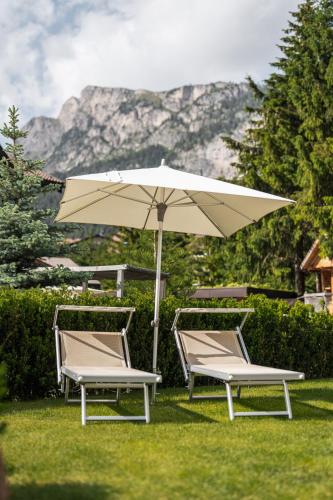 two chairs and an umbrella in the grass at Arya Alpine Lodge in Selva di Val Gardena