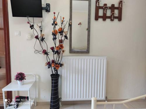 a black vase with flowers in a room with a mirror at Paradise Bridge in Xanthi