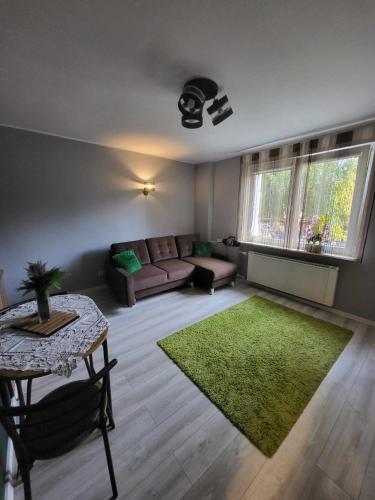 sala de estar con sofá y alfombra verde en Tavlone kawalerka Gdańsk Stogi Plaża en Gdansk