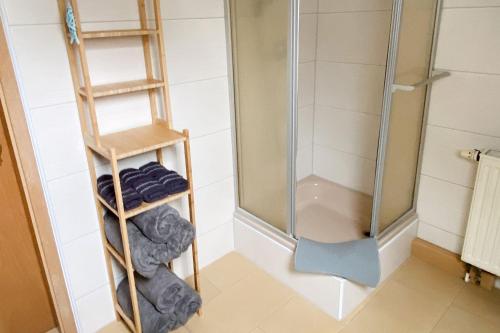 a bathroom with a shower and a rack of towels at Nice Apartment in Zwickau in Zwickau