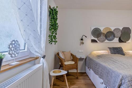 ein Schlafzimmer mit einem Bett, einem Stuhl und einem Fenster in der Unterkunft La 12 in Bad Urach