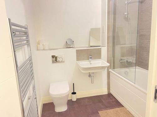 ein Bad mit einem WC, einem Waschbecken und einer Dusche in der Unterkunft Luxurious and Spacious 2 Bedroom Flat in Milton Keynes