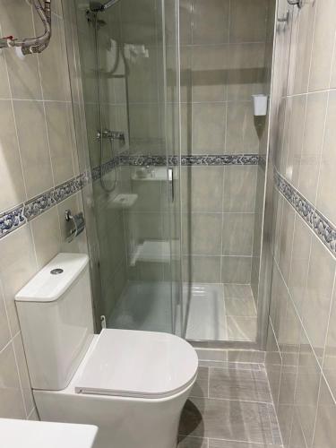 a bathroom with a toilet and a glass shower at Estudio Bajamar in Torre del Mar
